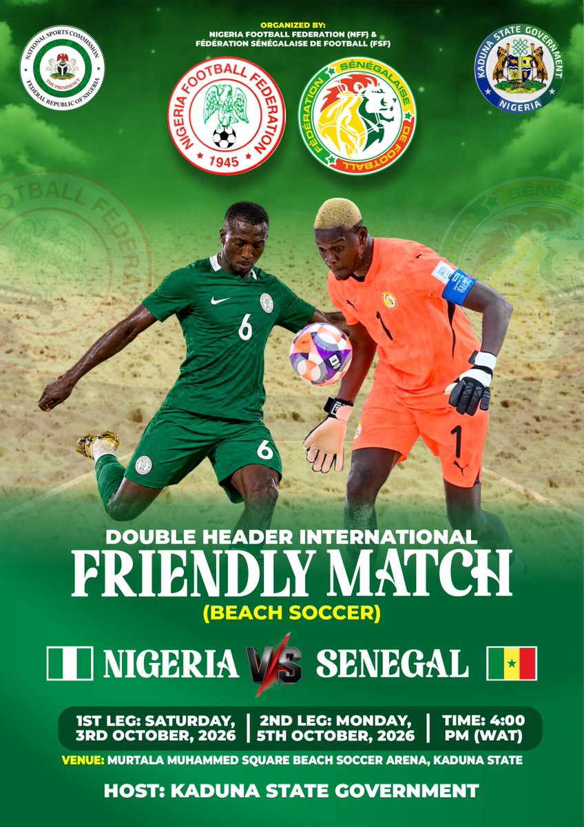 Oyediji_Seun's tweet photo. Nigeria vs Senegal in two legged beach soccer friendly next month in Kaduna. https://t.co/GpuNevDBLe