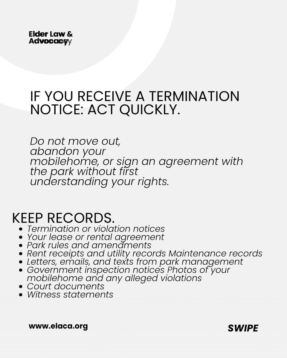 ElderLawAdvo's tweet photo. For mobilehome homeowners who rent their space, California’s Mobilehome Residency Law (MRL) provides specific protections when it comes to terminating a tenancy.

Need legal assistance? Elder Law &amp; Advocacy may be able to help.

858-565-1392
https://t.co/pZ71XNect1   
#mobilehome https://t.co/mrvOPTYugR