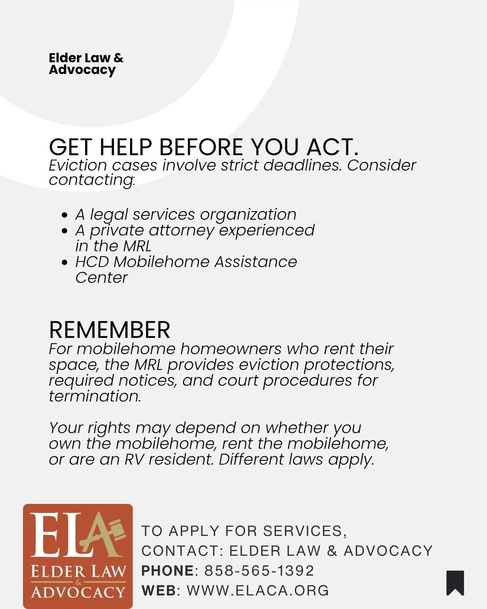 ElderLawAdvo's tweet photo. For mobilehome homeowners who rent their space, California’s Mobilehome Residency Law (MRL) provides specific protections when it comes to terminating a tenancy.

Need legal assistance? Elder Law &amp; Advocacy may be able to help.

858-565-1392
https://t.co/pZ71XNect1   
#mobilehome https://t.co/mrvOPTYugR