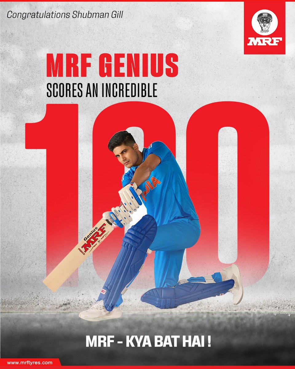 MRFWorldwide's tweet photo. The fifty was the start. The hundred was the point.​

Congratulations to Shubman Gill on a superb hundred.​

MRF ��� Kya Bat Hai!

#MRFTyres #ShubmanGill #TeamIndia #Cricket https://t.co/faJTDeOZyn