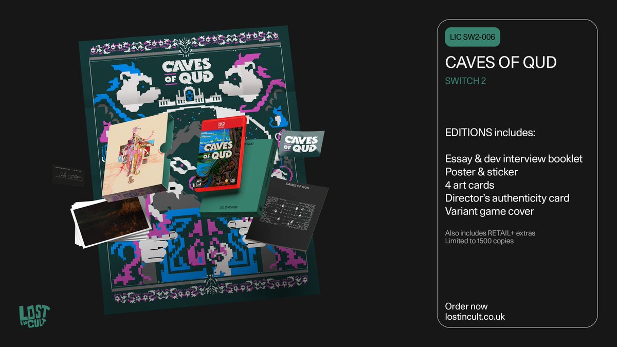 lostincult's tweet photo. @BlakeManorGame @spookydoorway @RawFury @_furcula_ @A_i @hollett_samuel We're thrilled that @CavesOfQud from @FreeholdGames and @KitfoxGames joins our carefully curated set of EDITIONS with only 1,500 copies available on Switch 2!

https://t.co/CRb6wCSshR https://t.co/xQF0zXgujn