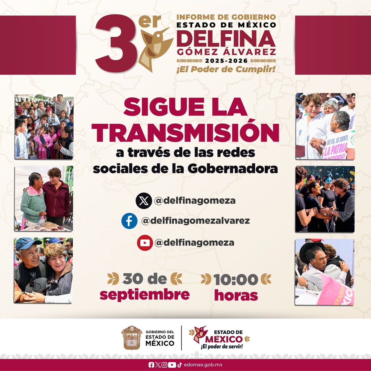 Edomex's tweet photo. En el #EdoMéx, ¡hacemos historia! ✨
Te invitamos a seguir la transmisión del Tercer Informe de Gobierno de la Gobernadora @delfinagomeza a través de sus redes sociales, para conocer las obras y acciones del @Edomex en favor de las familias.
🕙 10:00 horas.
#ElPoderDeCumplir https://t.co/4syhlD2Vr2