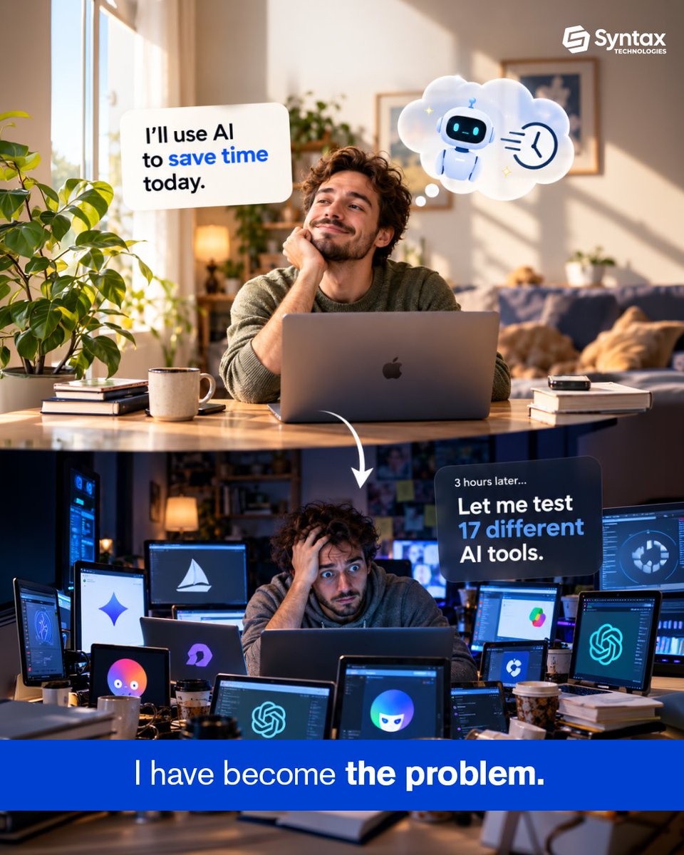 SyntaxTechs's tweet photo. Asked AI to save some time.
AI: “Sure. Here are 17 tools you should try.”

3 hours later…

AI was supposed to make me more productive.
Somehow, I became a full-time AI tool tester.

Who else has 47 tabs open right now?

Follow @syntaxtechs for more.

#ai #aitools #techhumor https://t.co/kWQD52jTK7