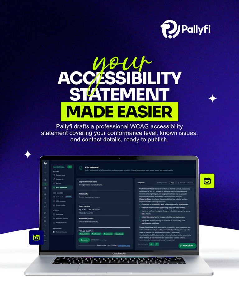 pallyfiHQ's tweet photo. Most teams either skip their accessibility statement or copy someone else's boilerplate. Pallyfi OnCall drafts yours from your own conformance work, ready to review and publish.

#Pallyfi https://t.co/PGC0mcUJi8