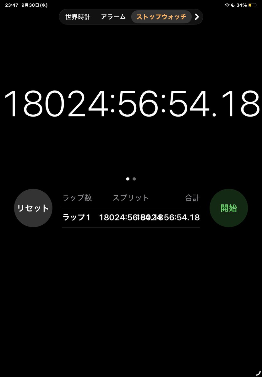 _gon143's tweet photo. iPadの時計アプリをたまたま開いたら18024:56:54.18だったんだけど……😨2年ストップウォッチ動き続けてたってこと！？ https://t.co/JqnMgiuUB5