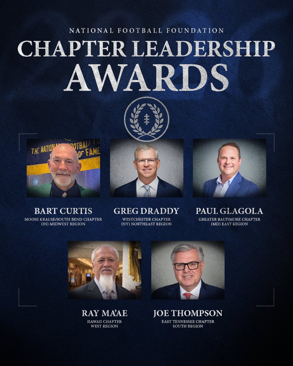 NFFNetwork's tweet photo. The 2026 NFF Chapter Leadership Awards honor five leaders turning football into opportunity. From Baltimore to Hawaii, their work supports scholar-athlete recognition, scholarships, college recruiting access and girls flag football in their communities.

Each will be recognized at the 68th NFF Annual Awards Dinner in Las Vegas on December 8th.