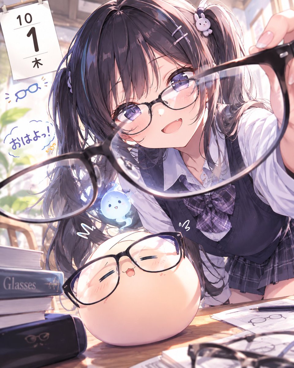 Ponunk_nunk's tweet photo. おはよーございます(´▽`)ﾉ

10月1日・メガネの日。「1001」の数字の並びをメガネに見立てたことが由来。

メガネってなんか良いよね～
外したときのギャップ萌えは男女共通ですか？？(笑)

#ぽぬ絵
#AIart #AIイラスト 
「おはよっ！👓
今日はメガネの日♪ 似合う……かな？」 https://t.co/dFqGOYjZ5c
