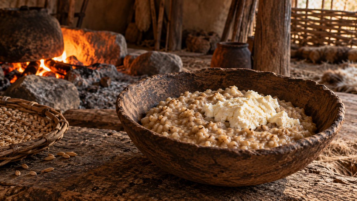 TravelinTable's tweet photo. What does breakfast look like in England, 2500 BC?

It’s beige. It’s lumpy. It’s not winning any beauty contests. But this barley porridge with soft curd was surprisingly good and RIDICULOUSLY filling.

Breakfast, but make it #Neolithic.

Full recipe on the blog! https://t.co/95C4dgP6AX