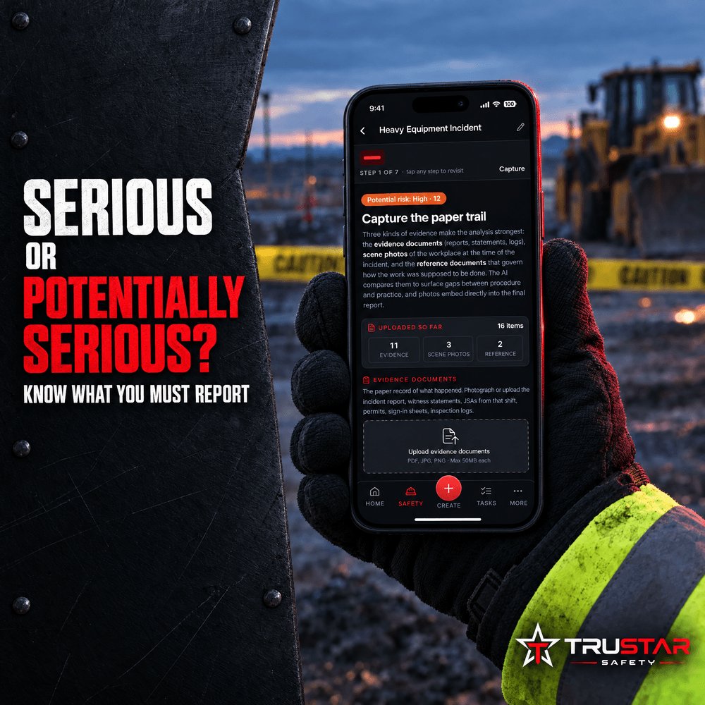 trustarsafety's tweet photo. Serious incident or potentially serious incident? In Alberta, OHS Act s.33 treats them differently: one's a call to OHS as soon as possible, the other a report after you investigate. Know which is which. #AlbertaSafety #OHS https://t.co/uRs7kJXtcr