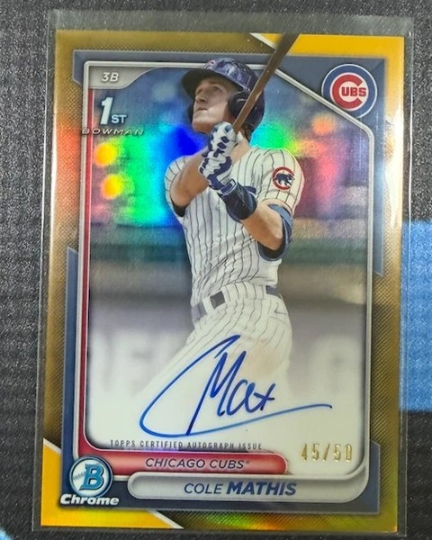 gradencardsllc's tweet photo. Cole Mathis 2024 Bowman Chrome Draft 1st Auto — Gold /50. $379. Fresh in inventory, ready to ship. https://t.co/qvoPnBVDJO #sportscards #bowmanchrome #tradingcards https://t.co/zUehE9bT74