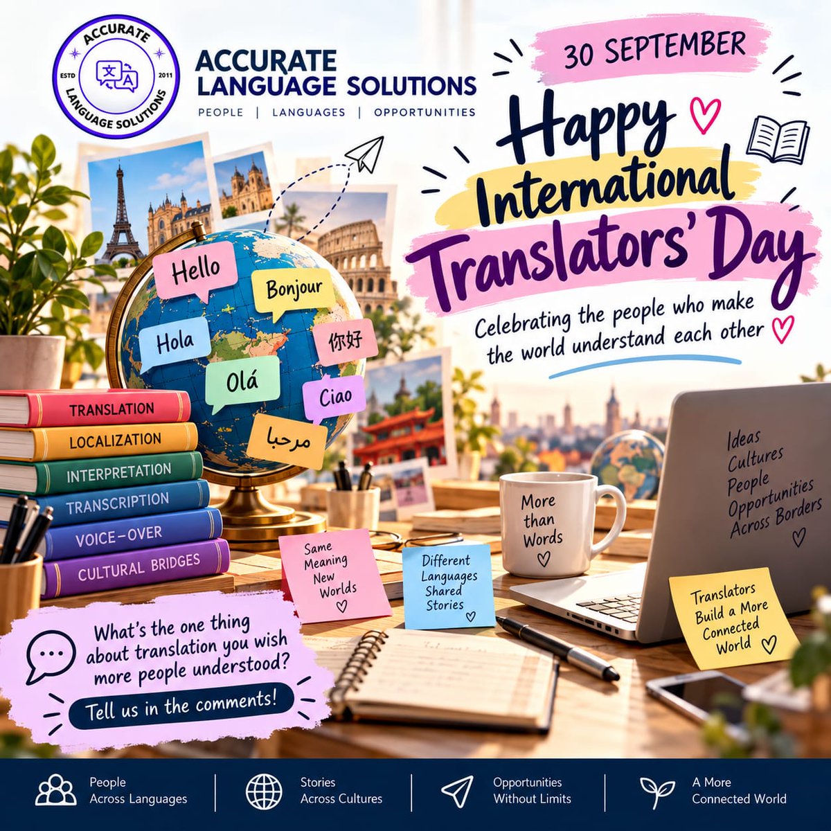ALS_Interpreter's tweet photo. 🌍 To every #translator—thank you!

You don’t just translate words; you carry meaning, culture, context &amp; stories across borders. Today, we celebrate the #languageprofessionals who make global understanding possible. ✨
🌐 https://t.co/wu8XcDIcaC

#InternationalTranslationDay https://t.co/1mGPFLHjBd
