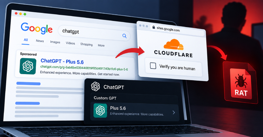 TheHackersNews's tweet photo. 🚨 Attackers are abusing ChatGPT Custom GPTs to infect users with RAT malware.

Sponsored Google results lead to attacker-created GPTs, then to Google Sites pages with fake Cloudflare CAPTCHAs. Huntress says at least 40 users were infected.

Learn how this ClickFix chain works: https://t.co/7vtFyAtiNZ