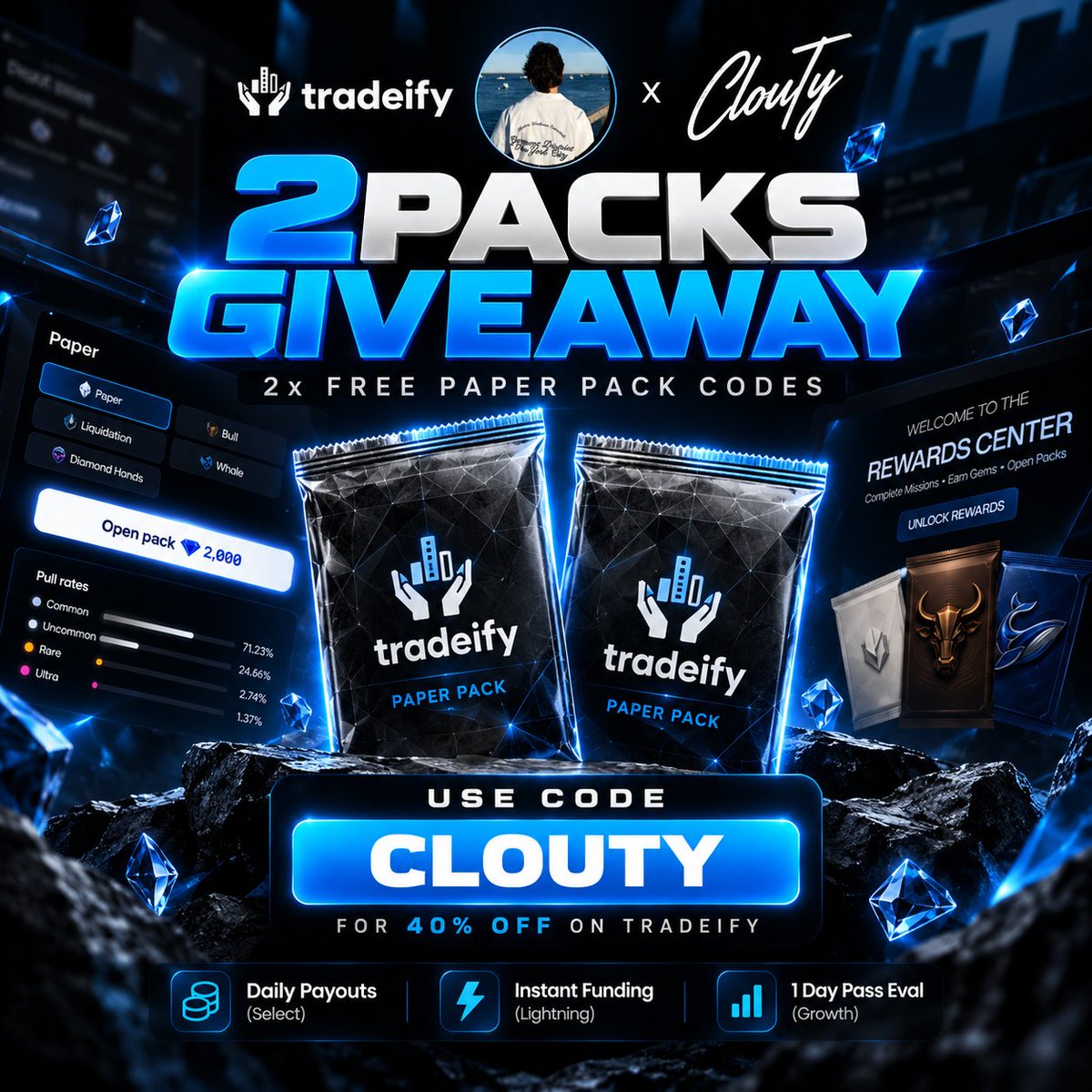 VClouette's tweet photo. Tradeify Packs Giveaway 🎁

Giving away 2 @Tradeify packs, To participate :

- Follow @VClouette 
- Like &amp; Repost
- Join my discord : https://t.co/ByV2LvH0h1

Bonus entry : Follow my Youtube &amp; post proof in comments !

https://t.co/8pOkEFxtuf

Winners announced tonight https://t.co/yp7ifwQPMi