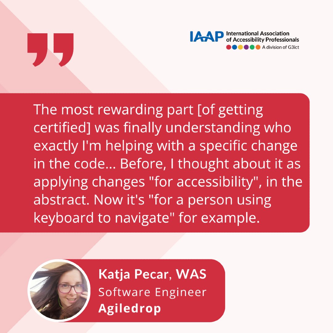 IAAPOrg's tweet photo. Accessibility work creates better experiences for people, and understanding how technical decisions affect real users requires more than knowing accessibility requirements.

Learn how IAAP certification can support your professional growth today: https://t.co/v64jgNsQHC
#IAAP https://t.co/M5Tc7kDvrn
