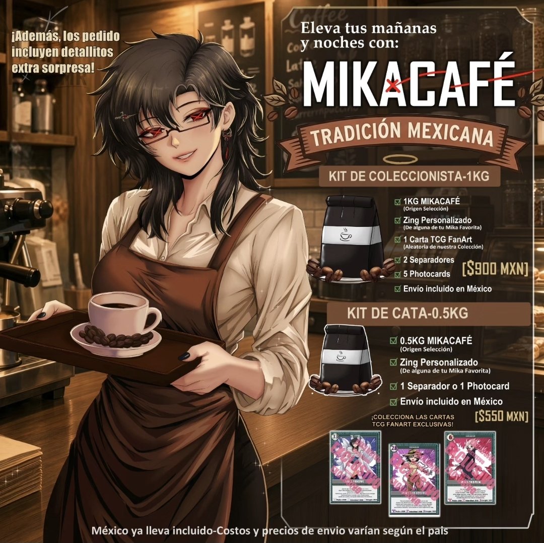 mikaa_smr's tweet photo. ☕🖤 MIKACAFÉ — CAFÉ MEXICANO PARA ACOMPAÑAR TUS MAÑANAS… Y TUS NOCHES CONMIGO ✨

¿Te gusta el café y además eres fan de las cosas especiales de colección? 👀💜
Entonces MIKACAFÉ es para ti.

🇲🇽 100% café mexicano
☕ Grano Arábica • Tostado medio
🌱 1,550 msnm • Proceso semi-lavado
✨ Cosecha 2025–2026

Un café suave, aromático y pensado para disfrutarlo con calma. ☕🖤

💜 ELIGE TU KIT:

☕ KIT DE CATA — $550 MXN
✨ 0.5 kg de MIKACAFÉ
✨ Zing personalizado
✨ 1 separador o 1 photocard
🇲🇽 Envío incluido en México

☕ KIT DE COLECCIONISTA — $900 MXN
✨ 1 kg de MIKACAFÉ
✨ Zing personalizado
✨ Carta TCG FanArt exclusiva aleatoria
✨ 2 separadores + 5 photocards
🇲🇽 Envío incluido en México

🎁 Todos los pedidos incluyen detallitos extra sorpresa. 👀💜

🌎 ¿Estás fuera de México?
También tenemos envíos internacionales.

💳 Formas de pago:
🇲🇽 Transferencia
🌎 PayPal 

🛍️ ¿QUIERES EL TUYO?
Comenta “MIKACAFÉ” o mándame mensaje por Discord o Instagram para pedir información y realizar tu compra. 💜

Cada pedido no solo te lleva un pedacito del Mikaverso a casa… también me ayuda muchísimo a seguir creando contenido y nuevos proyectos para ustedes. 🫂☕🖤

🔥 MIKACAFÉ — Tómalo con calma. Disfrútalo con Mika. ✨

#MikaCafe #CafeMexicano #CafeDeEspecialidad #VTuberEsp #MikaASMR ☕💜