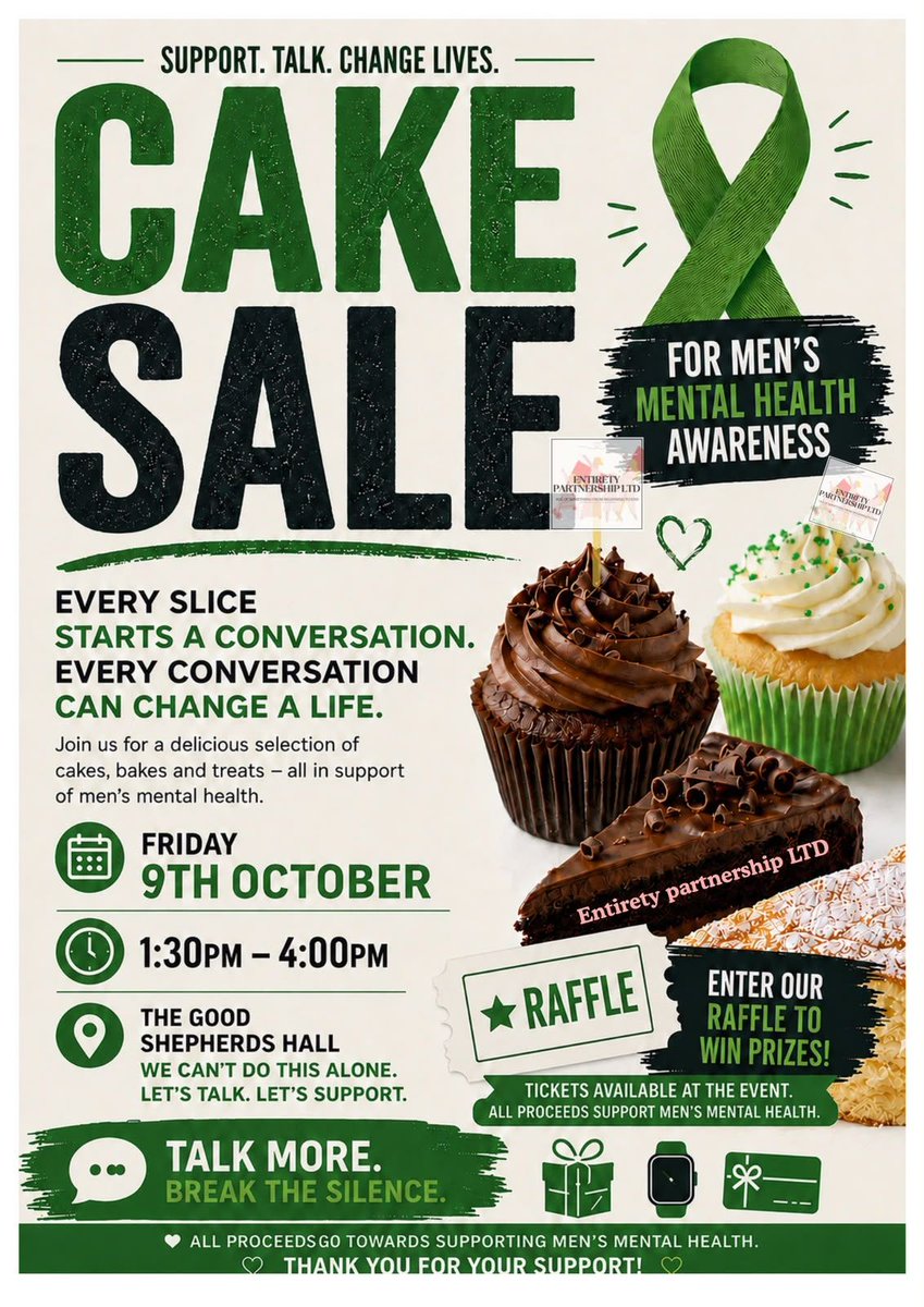 ComActionSutton's tweet photo. Cake Sale !!

Friday 9th October at the Good Shepherd Hall in Carshalton Beeches 
Money raised will go towards raising awareness of Men's mental health and suicide. 
Free to attend with some great prizes – see flyer for more information https://t.co/aDHhQzu1ze