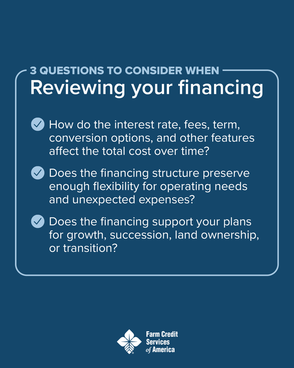 FCSAmerica's tweet photo. Is your financing strategy still the right fit for your operation?

When margins shift, the lowest starting interest rate isn't the only thing that matters. Predictable payments, cash flow support, and flexibility can bring a lot of peace of mind.

What worked a few years ago might need a second look today. Bookmark this post for when you're ready to evaluate your current debt structure and ensure it still supports your long-term goals. 

https://t.co/T5aV5yOL4x