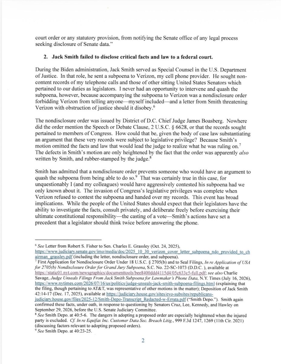 SenatorHagerty's tweet photo. I filed a bar complaint against Jack Smith this morning. He’s a blatantly partisan actor and his prosecutorial misconduct damaged our constitutional order. He should never be able to practice law again. 

Read the complaint here. Next up, @Verizon. https://t.co/6CGVT37OIr
