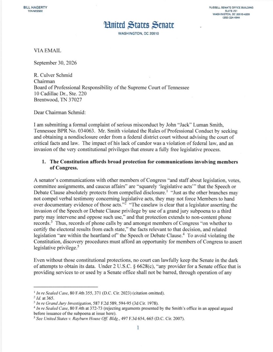 SenatorHagerty's tweet photo. I filed a bar complaint against Jack Smith this morning. He’s a blatantly partisan actor and his prosecutorial misconduct damaged our constitutional order. He should never be able to practice law again. 

Read the complaint here. Next up, @Verizon. https://t.co/6CGVT37OIr