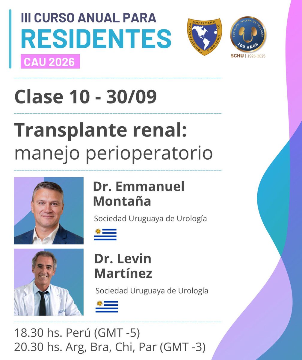 CAU_URO's tweet photo. 🎓 III Curso de Residentes CAU 2026
📖 Clase 10: Transplante renal: manejo perioperatorio
👨‍⚕️ Dr. E. Montaña y Dr. L. Martínez 
(Soc. Uruguaya de Urología)
📅 30/09
⏰ 18:30h (GMT -5) | 20:30h (GMT -3)
🔗 ¡Inscríbete gratis! 👇
https://t.co/8PZ3mULw1M https://t.co/VkrN4e9fKj