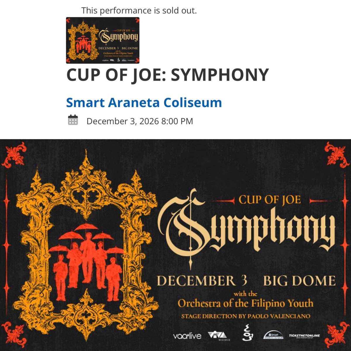 philconcerts's tweet photo. Just our OPM acts selling out their concerts 😌 CUP OF JOE: SYMPHONY is sold-out via TicketNet website.

Day 2 na ba ito, @cupofjoemusic? 🥹 https://t.co/oGH45uJUGU