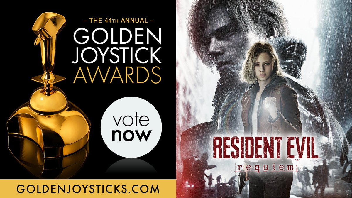 RE_Games's tweet photo. We're thrilled to reveal that Resident Evil Requiem was nominated for several @GoldenJoysticks  awards:

🏆 Console Game of the Year
🏆 Best performer in a leading role – Angela Sant’Albano
🏆 Best Game Trailer – Evil Has Always Had A Name

🌿 Vote now: https://t.co/gX2TGswg7y https://t.co/GCF3OK1FCj