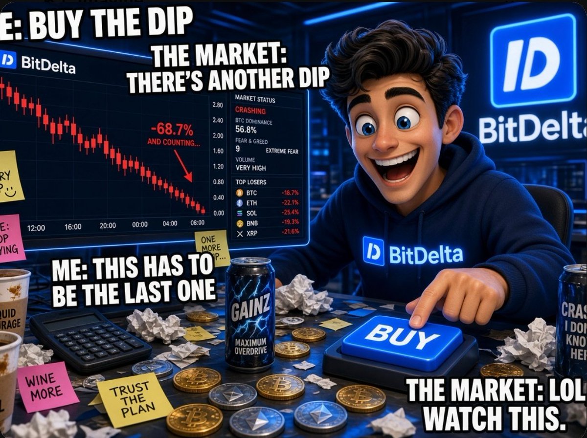 INvioneL8B8's tweet photo. My first entry for #BitDeltaMemeBattle 😂

I just wanted to buy the dip, but the dip just gave way to another dip… and another.
Crypto traders have definitely been in this position 😭📉

“This has to be the bottom.” famous last words. 😂

@BitDelta #BitDeltaMemeBattle https://t.co/QyQn45x9gZ