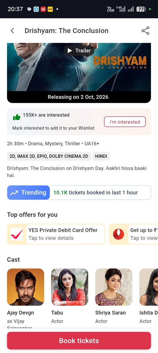 sanjubabaw3's tweet photo. 🚨 DRISHYAM: THE CONCLUSION 🔥🔥
BMS SPEED NOW 10K+ HOURLY 🚀💥
⏳ 36 HOURS TO GO!
Massive momentum building up! 🧨
Bumper Opening Loading… 🔥🔥
#DrishyamTheConclusion #AjayDevgn #AdvanceBooking #BMS #BoxOffice https://t.co/NjxqQlSecl