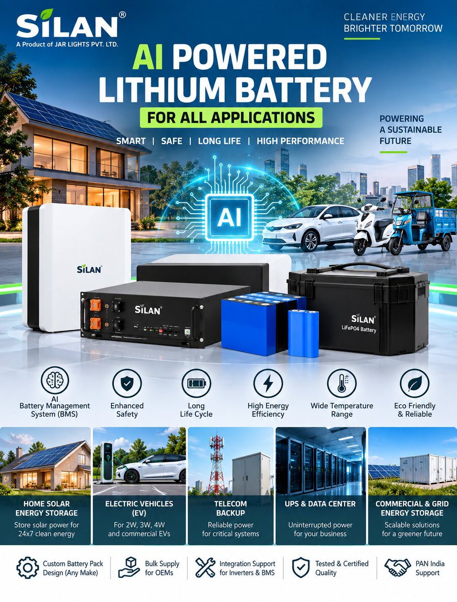 silantech's tweet photo. 🔋 AI-POWERED LITHIUM BATTERY — FOR ALL APPLICATIONS

☀️ Solar Storage
🚗 EVs
📡 Telecom Backup
🏢 UPS &amp; Data Centers

AI-enabled BMS | Long Life | Enhanced Safety
SILAN — Powering a Smarter Energy Future.
#LithiumBattery #AI #BMS #EnergyStorage #EV #Solar #LiFePO4 https://t.co/MtnV2wpPD4