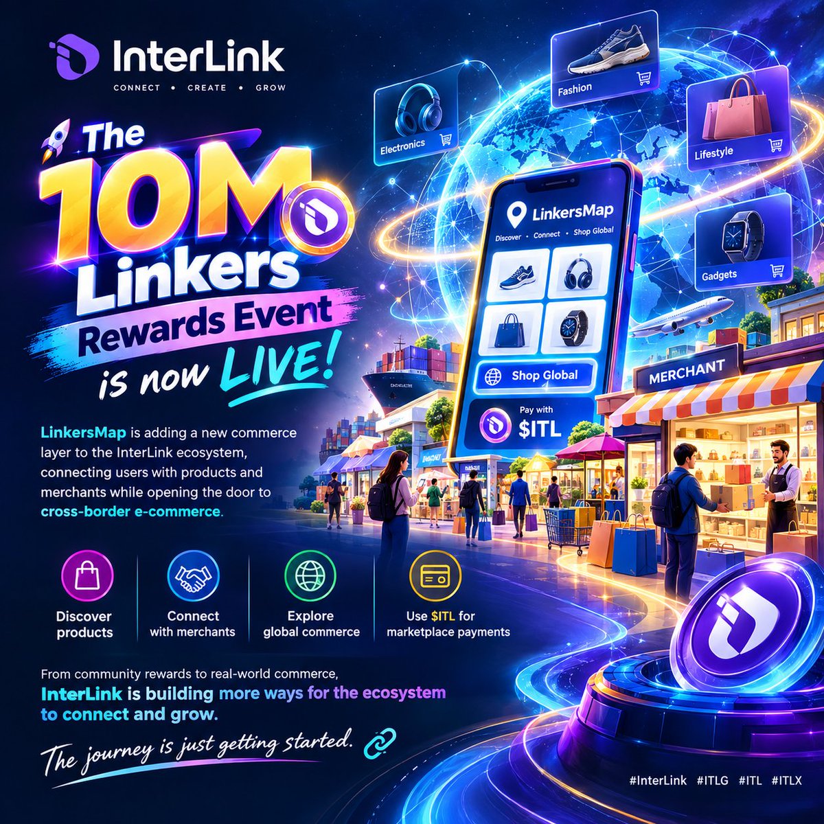 ssdrop27's tweet photo. 🚀 The 10M Linkers Rewards Event is LIVE!

🛍️ LinkersMap connects users with products and merchants, bringing cross border commerce into the InterLink ecosystem.

💳 $ITL is designed to support payments within the marketplace.

#InterLink #ITLG #ITL #ITLX https://t.co/N0NOCsGxpC