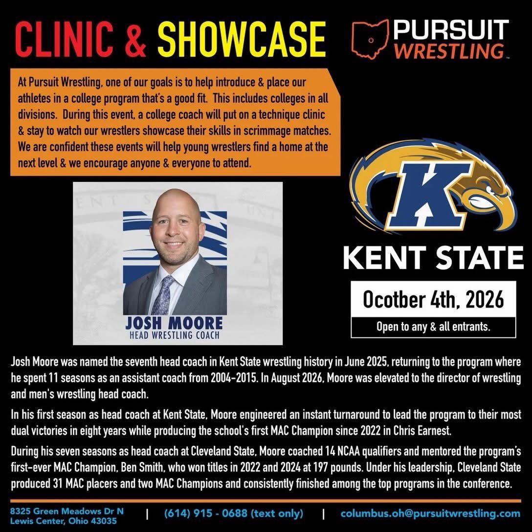 InsideThe360's tweet photo. This weekend - @KentStWrestling mens head wrestling coach Josh Moore will be in Columbus, OH, @PursuitWrestlin teaching technique.

Check out the info below. https://t.co/a5GygJ1H3S
