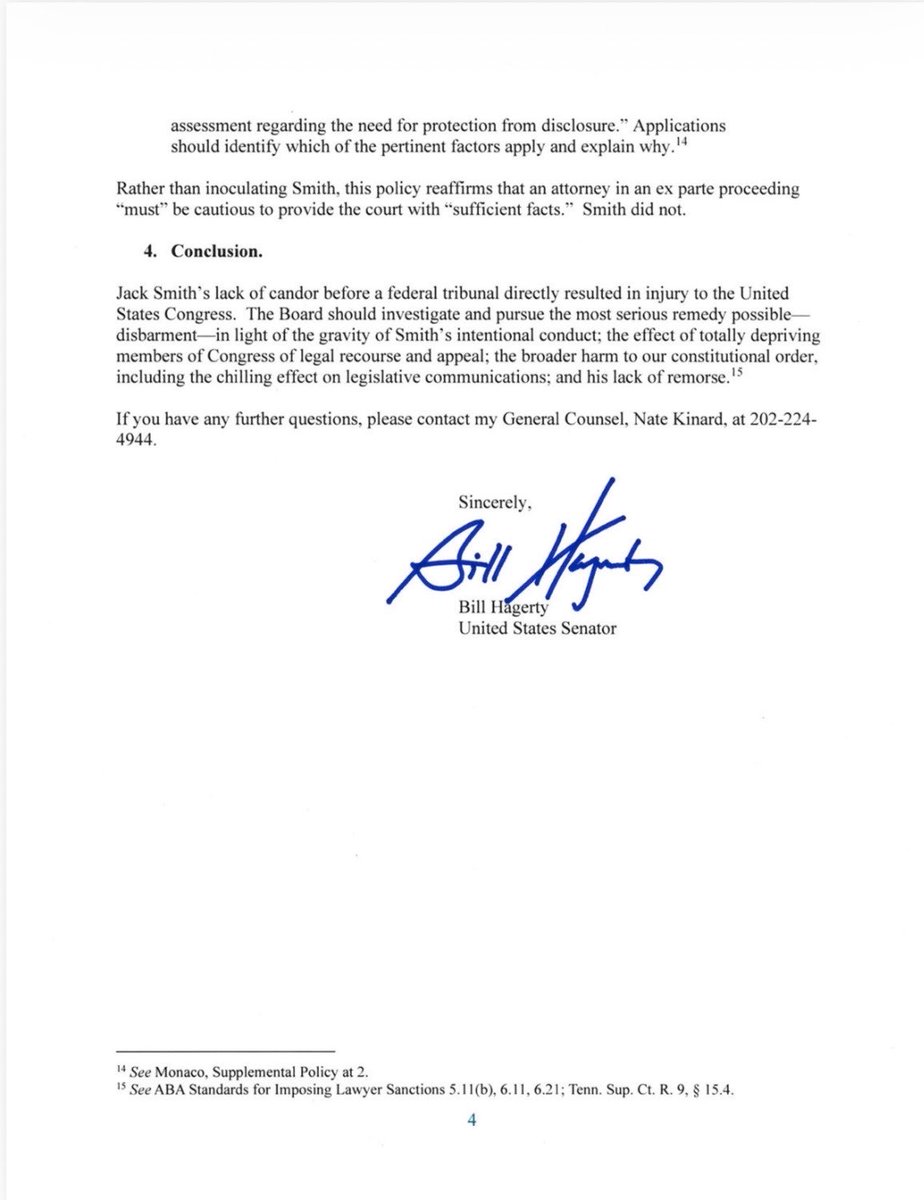 SenatorHagerty's tweet photo. I filed a bar complaint against Jack Smith this morning. He’s a blatantly partisan actor and his prosecutorial misconduct damaged our constitutional order. He should never be able to practice law again. 

Read the complaint here. Next up, @Verizon. https://t.co/6CGVT37OIr