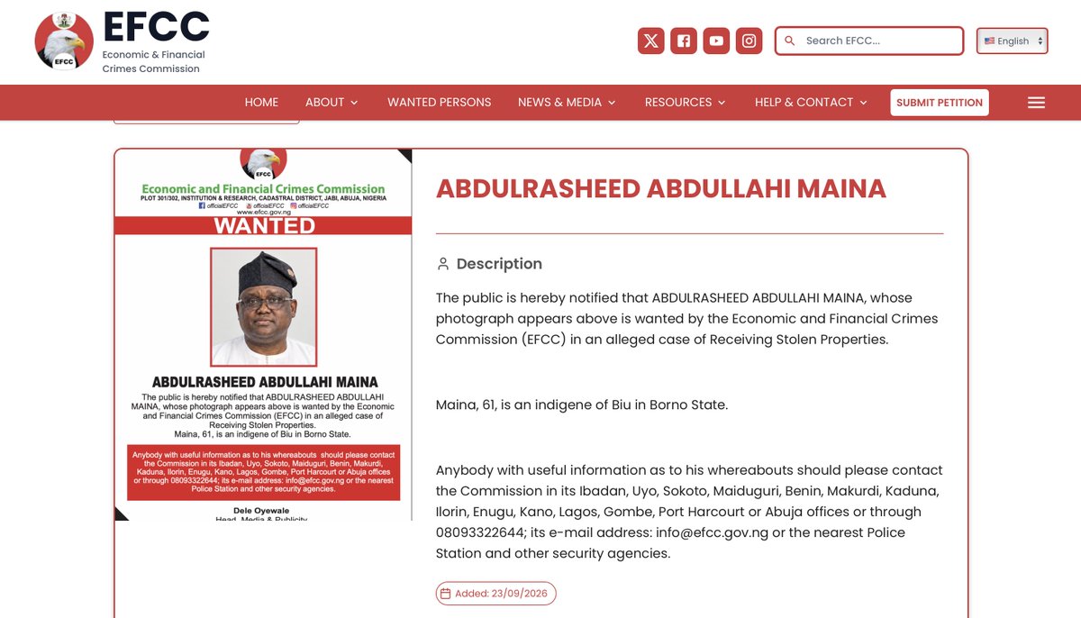 PPLAAF's tweet photo. #Nigeria🇳🇬: Abdulrasheed Maina wanted (again) ‼️

Former Nigerian pension official Abdulrasheed Maina has been declared wanted by the @officialEFCC  for allegedly receiving stolen property.

Maina was sentenced to eight years in prison for corruption in 2022, but was released early in 2025.

He was one of 15 individuals named in @PPLAAF’s “Dirty Deeds” report, which identified US real estate linked to current and former high-level Nigerian officials.

🔗 Read PPLAAF'S report and explore the interactive investigation: https://t.co/PaIKc8X289