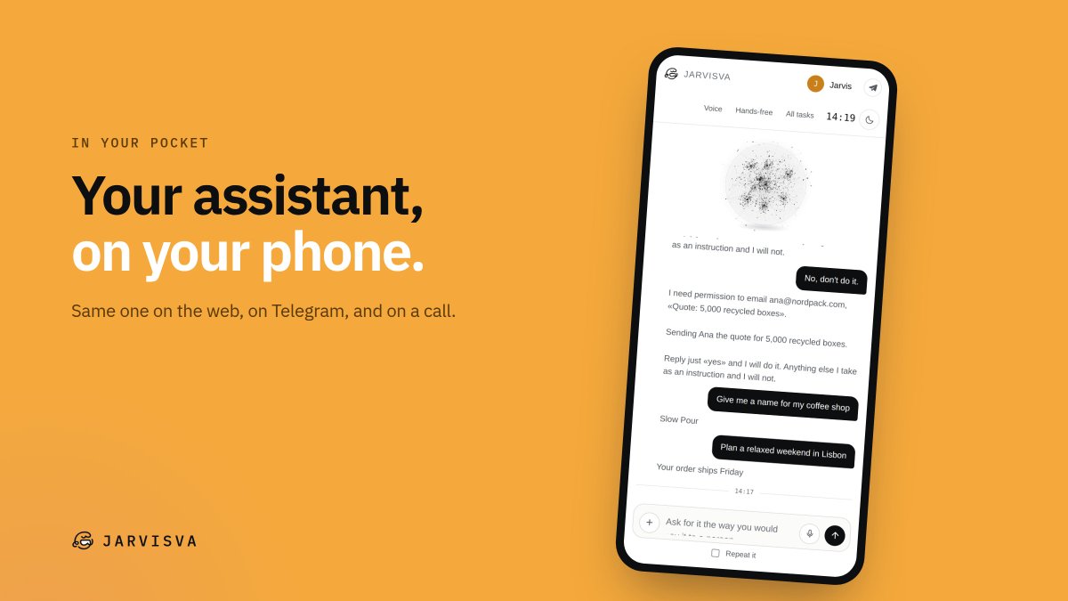 JarvisVArh's tweet photo. Your assistant, on your phone.

Same one on the web, on Telegram (voice notes too) and on a call.

https://t.co/ofghXKrVeY https://t.co/5unlrvMmLS