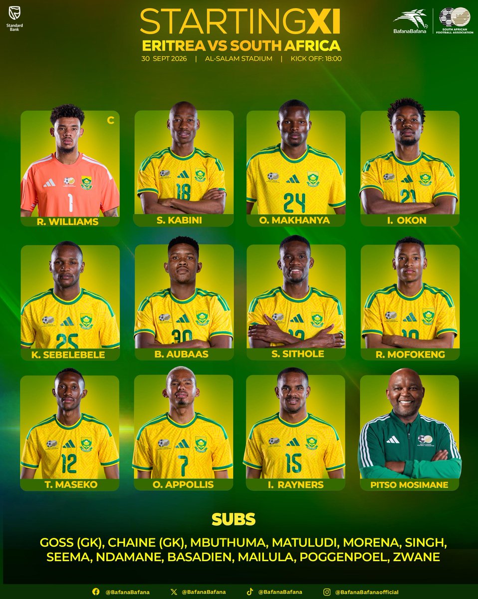 BafanaBafana's tweet photo. Bafana Bafana 🇿🇦 starting line up vs Eritrea 🇪🇷 

🏟 Al-Salam Stadium, Cairo, Egypt
🕑 Kick off: 18:00 SA Time
🖥 Live on SABC 2 or SABC +

#BafanaPride 
@StandardBankZA @adidasZA @HonorAfrica @SABC_Sport @REXONA_SA @NUTRITECHFIT @socios  @10bet_ZA @CastleLagerSA @flysaa @southernsungrp