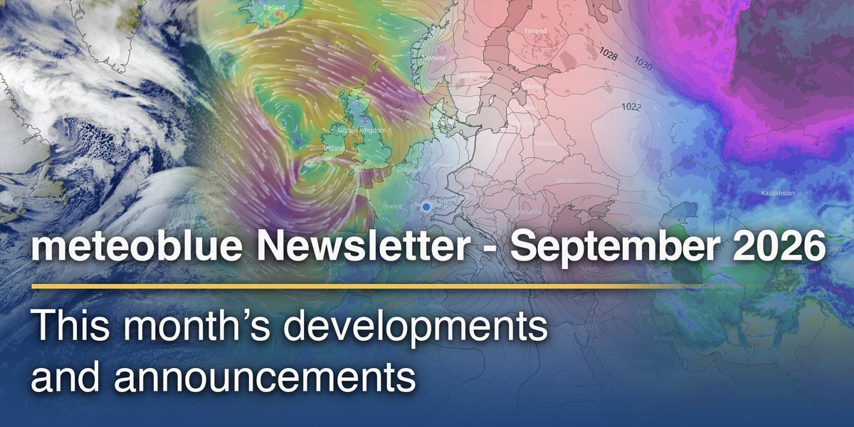 meteoblue's tweet photo. The September edition of our newsletter is here. 📧

This month, we’re looking back at 20 years of meteoblue, sharing what’s ahead at our Weather & Climate Summit in Basel, and letting you know where you can meet our team over the coming weeks. We also take a closer look at climate risk in residential housing through our work with NHW and Sustainable AG, as well as Europe’s 2026 drought and what it means for businesses.

Subscribe for future newsletters:
➡️ On LinkedIn: https://t.co/q5PxtRtz1U
➡️ Via the meteoblue website: create a free account and select the newsletter option in your account settings. Existing users can activate it directly in their settings: https://t.co/NdJnWloeXG

�� Read the September edition: https://t.co/ATqBWjQYxv
