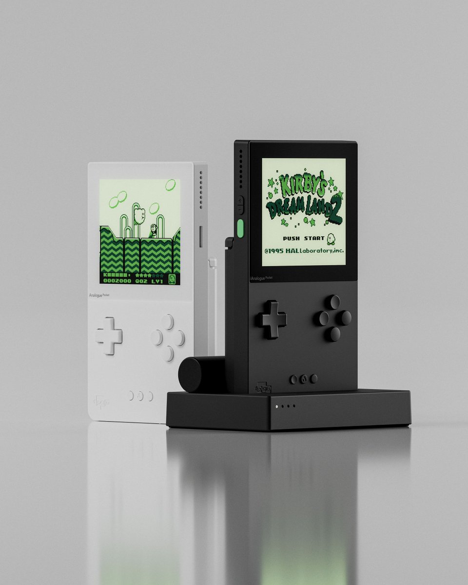 analogue's tweet photo. Analogue Pocket &amp; Analogue Dock - restock.

A tribute to portable gaming. Out of the box, Pocket is compatible with the 2,780+ Game Boy, Game Boy Color &amp; Game Boy Advance game cartridge library and more.

Preorder Oct 2, 8am PDT.

Ships in two weeks. https://t.co/Zrb1XzcePF