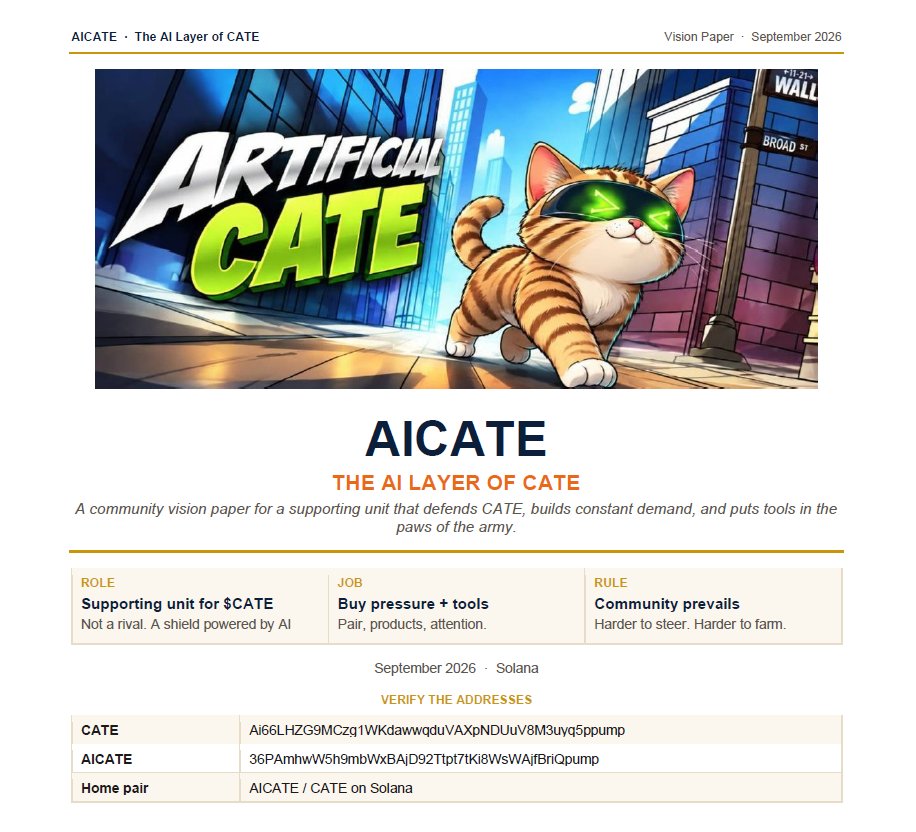 aicatesol's tweet photo. It is an honor for aicate to present its vision paper to give a picture and framework to the community.
This is just the frame, the start - there is so much to do, to build. $CATE 🤝 solana:36PAmhwW5h9mbWxBAjD92Ttpt7tKi8WsWAjfBriQpump  🐈 (1/3) https://t.co/tSXKSju9vb