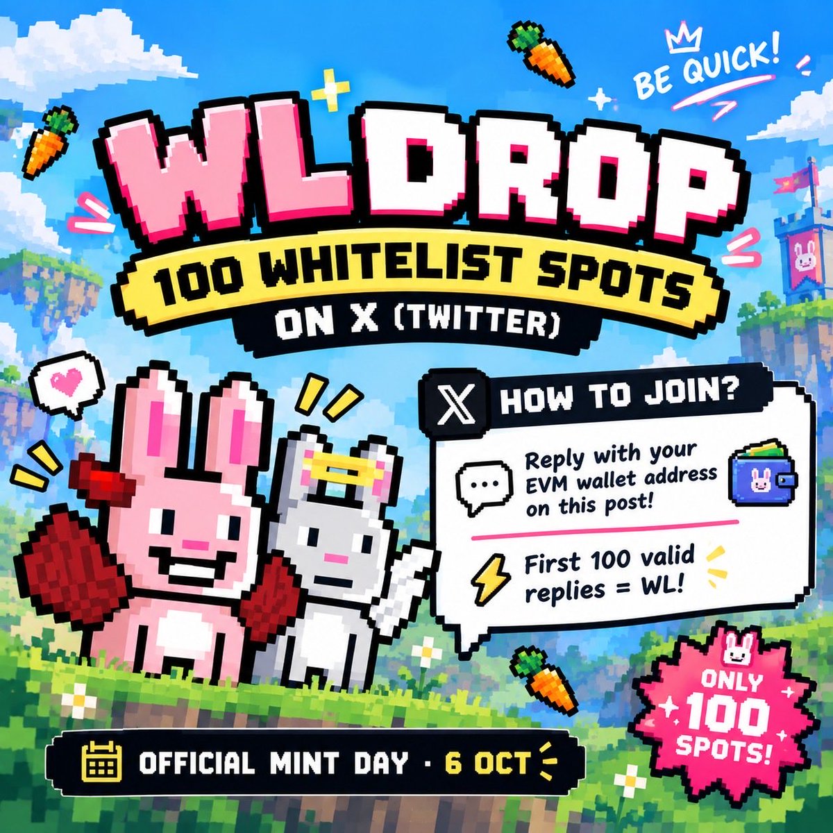 bunnywarriors_'s tweet photo. 🐰 NFT WHITELIST DROP LIVE 🐰

100 Bunny Warriors Whitelist spots on X

How to join:
1.  Follow us
2.  Like + RT this post
3.  Reply with your EVM wallet address

⚡ First 100 valid replies = WL

BE QUICK — only 100 spots.

Official mint: 6 OCT 🥕 https://t.co/MHmHbFiUPB