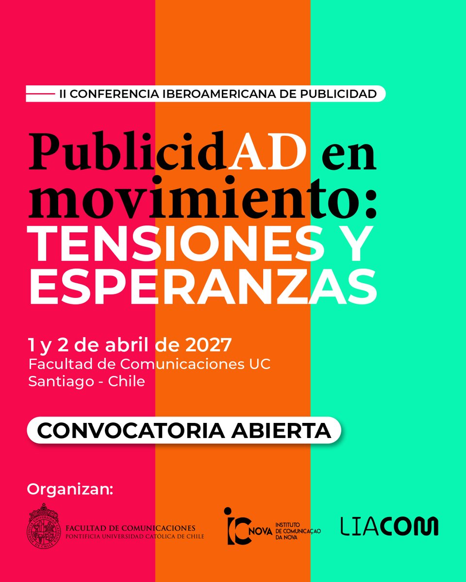 fcomuc's tweet photo. 📢1 y 2 de abril de 2027 II Conferencia Iberoamericana de Publicidad
¿Investigas, enseñas o trabajas en publicidad?
Este es tu espacio para presentar ponencias, casos o paneles. Postula hasta el 30 de noviembre.

Todas las bases en https://t.co/KgdiBVmPjZ
📩 confpublicidad@uc.cl https://t.co/sJDf2TiOdV