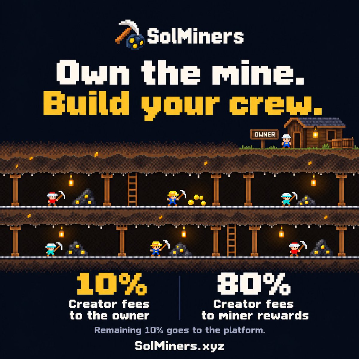 SolMinersP's tweet photo. Why stop at being a miner when you can own the mine? ⛏️

Launch your token on https://t.co/9sxGEzlgHF and receive 10% of your mine’s creator fees, while 80% funds rewards for its miners.

Your token. Your community. Your mine.

https://t.co/9sxGEzlgHF https://t.co/HZyRSlVOkR