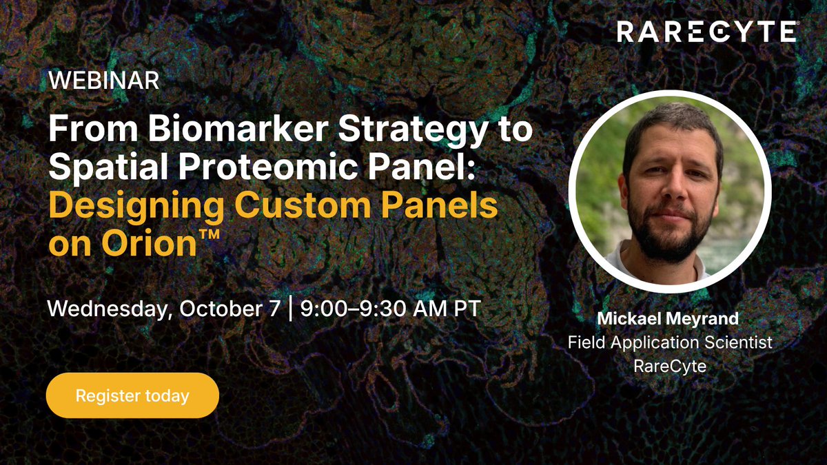 RareCyte's tweet photo. Learn how to translate your research question into a custom spatial biomarker panel.

Next week, join a short webinar focused on designing panels for the Orion™ spatial proteomics platform.

✅ See a live demo of the new Panel Designer tool

👉 Register: https://t.co/T6xn9omgk5 https://t.co/rylLvmWzAa