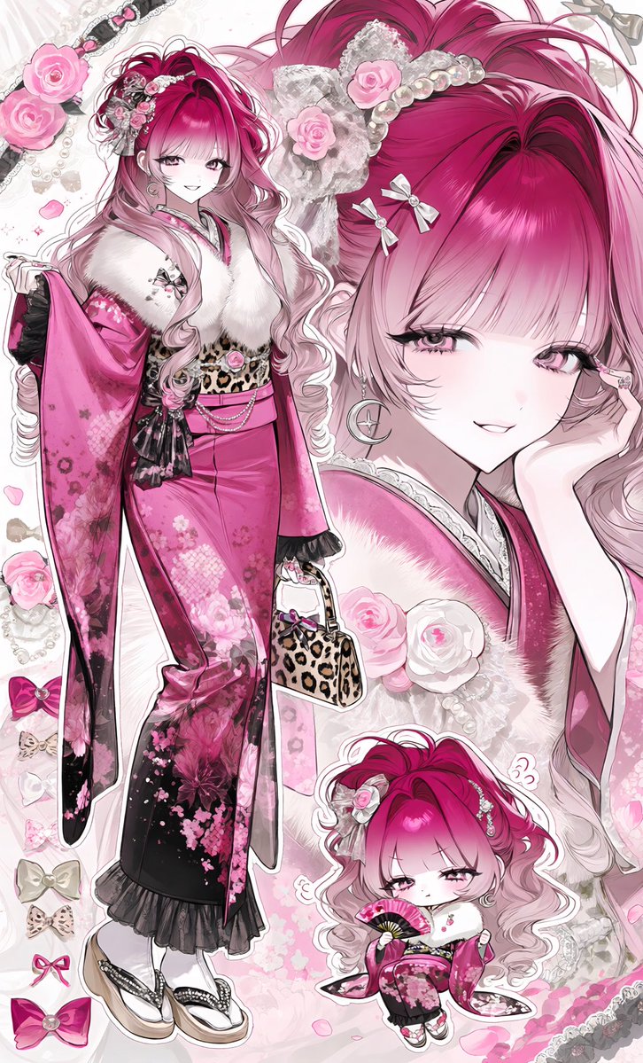 LsnzZoe's tweet photo. · · ───── ·✧· ───── · ·

✦︎プロンプト配布

【₹˝ｬʓ×👘】

◤◢◤ ◢◤⚠️WARNING⚠️◢◤◢◤◢
･Tsubaki.3でしか試していないので他モデロラだとかなり変わる可能性があります。
･既に似ているプロンプトが現在出回っている場合報告お願いいたします🙂‍↕️

· · ───── ·✧· ───── · ·

【Concept】
((Heisei gyaru × traditional kimono:1.8)),
ornate coming-of-age kimono styling,
glamorous retro gyaru fashion,
dense decorative character collage,
【Outfit】
vivid deep pink kimono,
black and pink floral patterns,
peonies, cherry blossoms, leopard-print accents,
black obi with pink details,
lace and pearl decorations,
decorative fur stole,
platform zori sandals,
long decorated nails,
layered pearl jewelry,
large rose corsage,
lace bows, dangling pearls, jeweled chains,
ornate floral hair ornaments,
【Layout / Poses】
((three depictions of the same girl:1.8)),
LEFT:
((dynamic full-body pose:1.8)),
body turned three-quarter view,
one knee bent,
one sleeve lifted playfully,
other hand holding a small decorated handbag,
hips tilted,
playful confident gyaru pose,
mischievous sideways smile,
RIGHT:
((extreme close-up face:1.9)),
face occupying most of the right side,
one hand resting against cheek,
slightly tilted head,
half-lidded teasing gaze,
tiny smug smile,
decorative hair accessories filling the frame,
SMALL CHIBI:
((one tiny chibi version:1.7)),
sitting near the bottom between the larger figures,
legs tucked sideways,
holding a tiny folding fan,
puffed cheeks,
grumpy cute expression,
【Composition】
((dense split character collage:1.8)),
large close-up overlapping the full-body figure,
asymmetrical editorial layout,
cropped decorative elements around the edges,
no empty center,
no standing straight,
different pose and expression for every depiction,
【Background】
white and pale pink graphic background,
dense Heisei gyaru collage,
pink roses, lace scraps, leopard-print patches,
pearls, rhinestones, hearts, butterflies,
traditional floral motifs,
sticker-like decorations,
sparkles, tiny bows, ornamental frames,
scattered petals,
black × hot pink × ivory accents,
busy cute magazine-page aesthetic,
ornate Japanese fashion illustration

· · ───── ·✧· ───── · ·