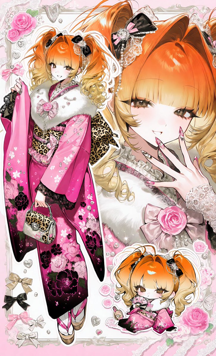 LsnzZoe's tweet photo. · · ───── ·✧· ───── · ·

✦︎プロンプト配布

【₹˝ｬʓ×👘】

◤◢◤ ◢◤⚠️WARNING⚠️◢◤◢◤◢
･Tsubaki.3でしか試していないので他モデロラだとかなり変わる可能性があります。
･既に似ているプロンプトが現在出回っている場合報告お願いいたします🙂‍↕️

· · ───── ·✧· ───── · ·

【Concept】
((Heisei gyaru × traditional kimono:1.8)),
ornate coming-of-age kimono styling,
glamorous retro gyaru fashion,
dense decorative character collage,
【Outfit】
vivid deep pink kimono,
black and pink floral patterns,
peonies, cherry blossoms, leopard-print accents,
black obi with pink details,
lace and pearl decorations,
decorative fur stole,
platform zori sandals,
long decorated nails,
layered pearl jewelry,
large rose corsage,
lace bows, dangling pearls, jeweled chains,
ornate floral hair ornaments,
【Layout / Poses】
((three depictions of the same girl:1.8)),
LEFT:
((dynamic full-body pose:1.8)),
body turned three-quarter view,
one knee bent,
one sleeve lifted playfully,
other hand holding a small decorated handbag,
hips tilted,
playful confident gyaru pose,
mischievous sideways smile,
RIGHT:
((extreme close-up face:1.9)),
face occupying most of the right side,
one hand resting against cheek,
slightly tilted head,
half-lidded teasing gaze,
tiny smug smile,
decorative hair accessories filling the frame,
SMALL CHIBI:
((one tiny chibi version:1.7)),
sitting near the bottom between the larger figures,
legs tucked sideways,
holding a tiny folding fan,
puffed cheeks,
grumpy cute expression,
【Composition】
((dense split character collage:1.8)),
large close-up overlapping the full-body figure,
asymmetrical editorial layout,
cropped decorative elements around the edges,
no empty center,
no standing straight,
different pose and expression for every depiction,
【Background】
white and pale pink graphic background,
dense Heisei gyaru collage,
pink roses, lace scraps, leopard-print patches,
pearls, rhinestones, hearts, butterflies,
traditional floral motifs,
sticker-like decorations,
sparkles, tiny bows, ornamental frames,
scattered petals,
black × hot pink × ivory accents,
busy cute magazine-page aesthetic,
ornate Japanese fashion illustration

· · ───── ·✧· ───── · ·