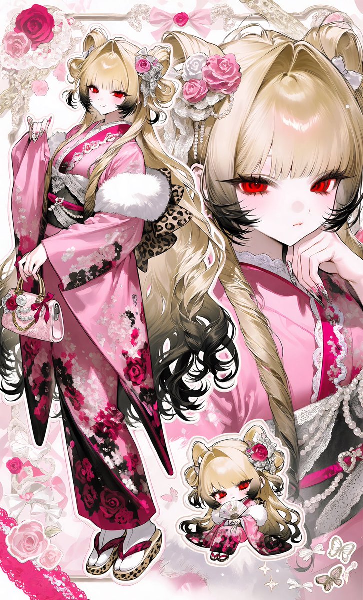 LsnzZoe's tweet photo. · · ───── ·✧· ───── · ·

✦︎プロンプト配布

【₹˝ｬʓ×👘】

◤◢◤ ◢◤⚠️WARNING⚠️◢◤◢◤◢
･Tsubaki.3でしか試していないので他モデロラだとかなり変わる可能性があります。
･既に似ているプロンプトが現在出回っている場合報告お願いいたします🙂‍↕️

· · ───── ·✧· ───── · ·

【Concept】
((Heisei gyaru × traditional kimono:1.8)),
ornate coming-of-age kimono styling,
glamorous retro gyaru fashion,
dense decorative character collage,
【Outfit】
vivid deep pink kimono,
black and pink floral patterns,
peonies, cherry blossoms, leopard-print accents,
black obi with pink details,
lace and pearl decorations,
decorative fur stole,
platform zori sandals,
long decorated nails,
layered pearl jewelry,
large rose corsage,
lace bows, dangling pearls, jeweled chains,
ornate floral hair ornaments,
【Layout / Poses】
((three depictions of the same girl:1.8)),
LEFT:
((dynamic full-body pose:1.8)),
body turned three-quarter view,
one knee bent,
one sleeve lifted playfully,
other hand holding a small decorated handbag,
hips tilted,
playful confident gyaru pose,
mischievous sideways smile,
RIGHT:
((extreme close-up face:1.9)),
face occupying most of the right side,
one hand resting against cheek,
slightly tilted head,
half-lidded teasing gaze,
tiny smug smile,
decorative hair accessories filling the frame,
SMALL CHIBI:
((one tiny chibi version:1.7)),
sitting near the bottom between the larger figures,
legs tucked sideways,
holding a tiny folding fan,
puffed cheeks,
grumpy cute expression,
【Composition】
((dense split character collage:1.8)),
large close-up overlapping the full-body figure,
asymmetrical editorial layout,
cropped decorative elements around the edges,
no empty center,
no standing straight,
different pose and expression for every depiction,
【Background】
white and pale pink graphic background,
dense Heisei gyaru collage,
pink roses, lace scraps, leopard-print patches,
pearls, rhinestones, hearts, butterflies,
traditional floral motifs,
sticker-like decorations,
sparkles, tiny bows, ornamental frames,
scattered petals,
black × hot pink × ivory accents,
busy cute magazine-page aesthetic,
ornate Japanese fashion illustration

· · ───── ·✧· ───── · ·