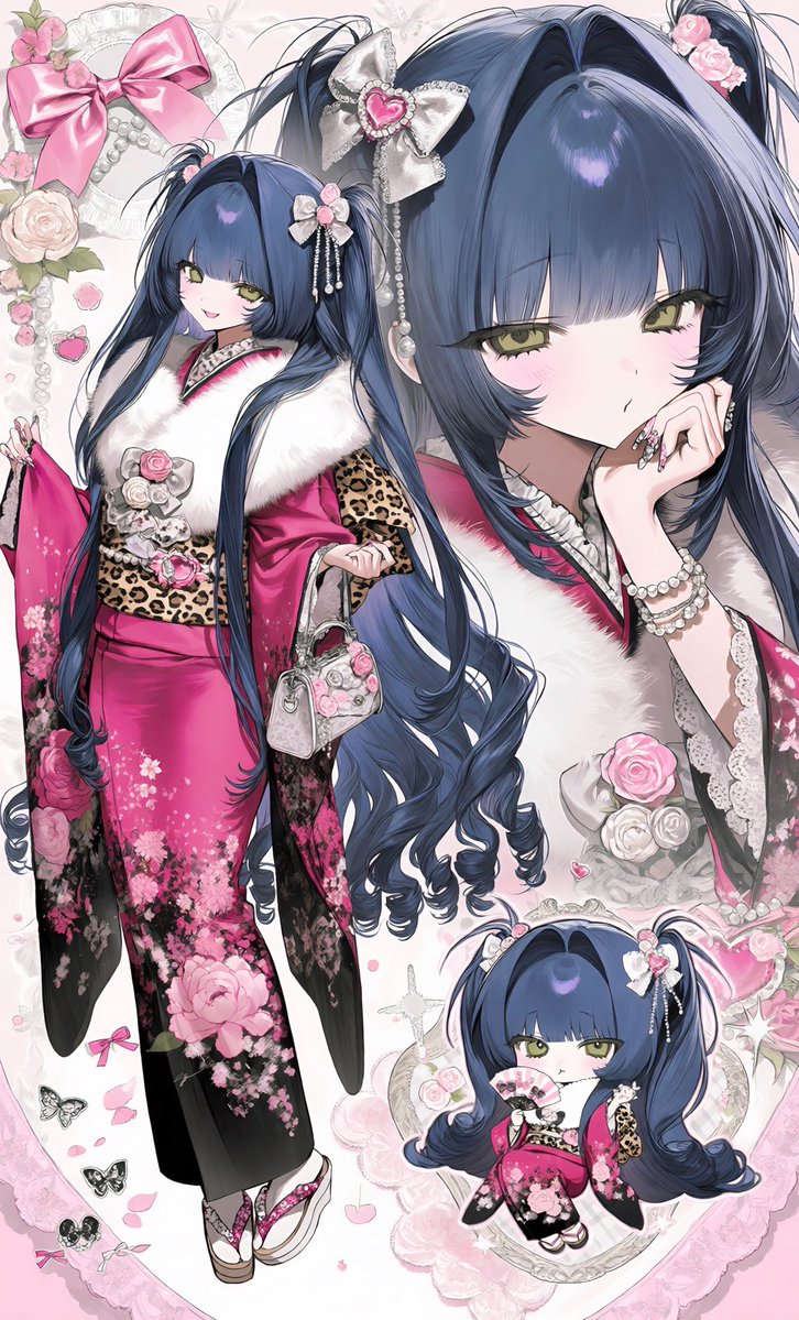 LsnzZoe's tweet photo. · · ───── ·✧· ───── · ·

✦︎プロンプト配布

【₹˝ｬʓ×👘】

◤◢◤ ◢◤⚠️WARNING⚠️◢◤◢◤◢
･Tsubaki.3でしか試していないので他モデロラだとかなり変わる可能性があります。
･既に似ているプロンプトが現在出回っている場合報告お願いいたします🙂‍↕️

· · ───── ·✧· ───── · ·

【Concept】
((Heisei gyaru × traditional kimono:1.8)),
ornate coming-of-age kimono styling,
glamorous retro gyaru fashion,
dense decorative character collage,
【Outfit】
vivid deep pink kimono,
black and pink floral patterns,
peonies, cherry blossoms, leopard-print accents,
black obi with pink details,
lace and pearl decorations,
decorative fur stole,
platform zori sandals,
long decorated nails,
layered pearl jewelry,
large rose corsage,
lace bows, dangling pearls, jeweled chains,
ornate floral hair ornaments,
【Layout / Poses】
((three depictions of the same girl:1.8)),
LEFT:
((dynamic full-body pose:1.8)),
body turned three-quarter view,
one knee bent,
one sleeve lifted playfully,
other hand holding a small decorated handbag,
hips tilted,
playful confident gyaru pose,
mischievous sideways smile,
RIGHT:
((extreme close-up face:1.9)),
face occupying most of the right side,
one hand resting against cheek,
slightly tilted head,
half-lidded teasing gaze,
tiny smug smile,
decorative hair accessories filling the frame,
SMALL CHIBI:
((one tiny chibi version:1.7)),
sitting near the bottom between the larger figures,
legs tucked sideways,
holding a tiny folding fan,
puffed cheeks,
grumpy cute expression,
【Composition】
((dense split character collage:1.8)),
large close-up overlapping the full-body figure,
asymmetrical editorial layout,
cropped decorative elements around the edges,
no empty center,
no standing straight,
different pose and expression for every depiction,
【Background】
white and pale pink graphic background,
dense Heisei gyaru collage,
pink roses, lace scraps, leopard-print patches,
pearls, rhinestones, hearts, butterflies,
traditional floral motifs,
sticker-like decorations,
sparkles, tiny bows, ornamental frames,
scattered petals,
black × hot pink × ivory accents,
busy cute magazine-page aesthetic,
ornate Japanese fashion illustration

· · ───── ·✧· ───── · ·