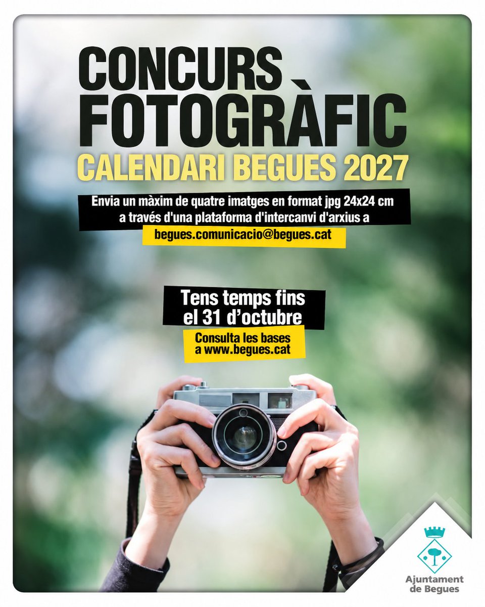 ajbegues's tweet photo. 📷 Oberta la convocatòria del concurs de fotos per il·lustrar el calendari de #Begues del 2027.
📆 Envia les teves imatges del poble abans del 31 d'octubre!
Consulta'n les bases ⬇️
🔗 https://t.co/zVZVsGaz02 https://t.co/MYtmjlutgB