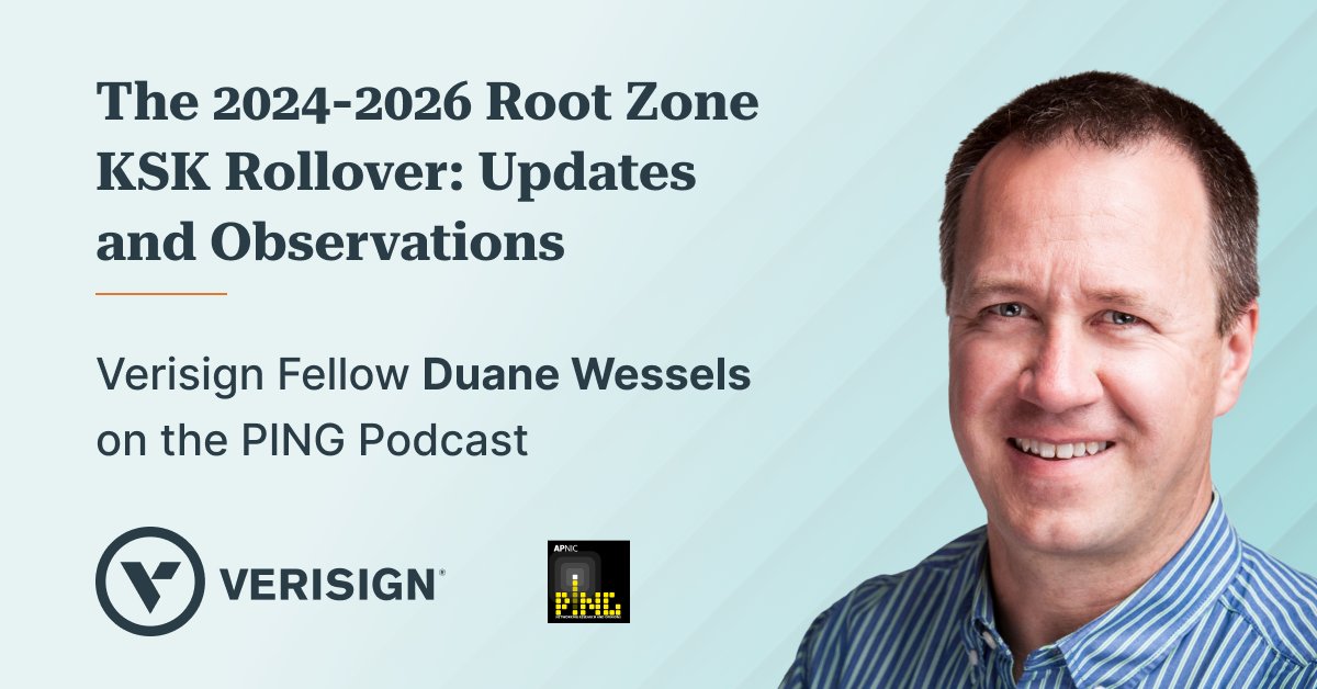 VERISIGN's tweet photo. Verisign Fellow Duane Wessels is back on the @apnic PING podcast to chat about the upcoming #DNS root zone KSK rollover 🎧 #SysAdmins: you’ll want to listen in for an update on how the rollover has been progressing these last few months and what you can do to prepare for Oct. 11, when KSK-2024 will be the sole active KSK for the global root zone: https://t.co/Uf4tD5JS2e #NetOps
