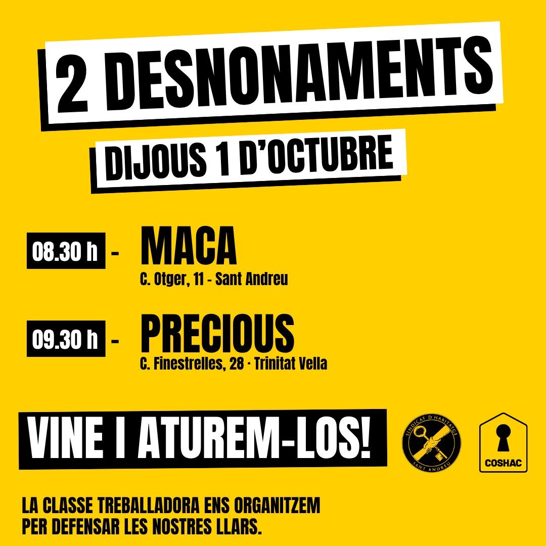 HabitatgeVKK's tweet photo. Demà hi ha 2 desnonaments a Sant Andreu i a la Trini Vella. Hi veureu molta gent posant el cos, venint des de molts barris de Barcelona i, fins i tot, de fora. Qui segur que no us hi trobareu mai és a xusma rendista com en @GonBernardos. https://t.co/VVNpnsWQbE