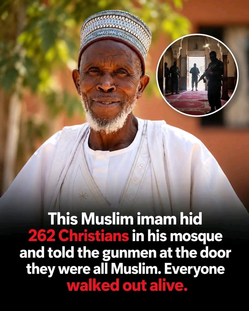 Boss_Aleeyu's tweet photo. In 2018, Nigerian imam Abubakar Abdullahi sheltered 262 Christians fleeing attacks in Plateau State, hiding some in his mosque and others in his home. 

When armed attackers demanded they be handed over, he refused and told them everyone inside was Muslim. All 262 survived. https://t.co/QoDcukpMV3